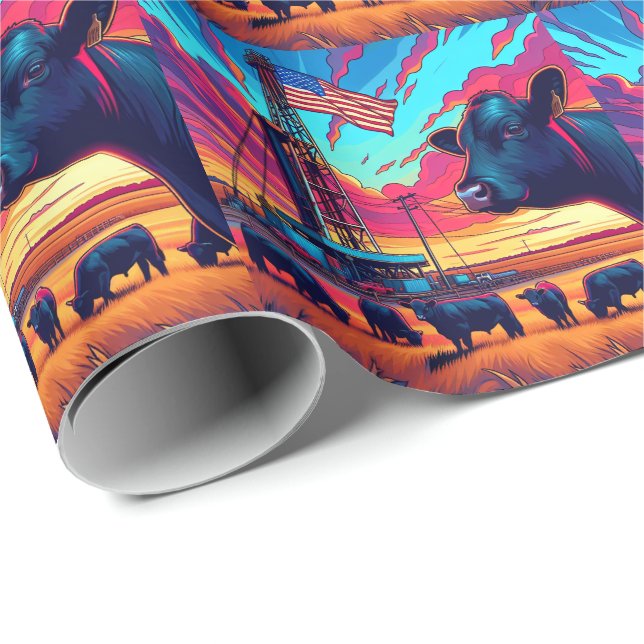  Oil Gas Rig At Sunset  Cattle and American Flag 2 Wrapping Paper (Roll Corner)