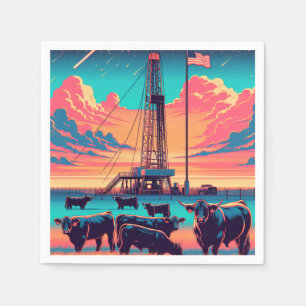 Oil Gas Rig At Sunset Cattle and American Flag Napkins
