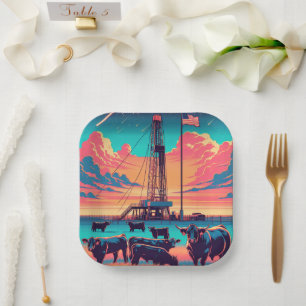 Oil Gas Rig At Sunset Cattle and American Flag Paper Plates