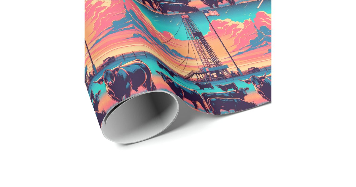 Oil Rig Wrapping Paper Oil Gas Rig At Sunset Cattle and American Flag Wrapping Paper | Zazzle