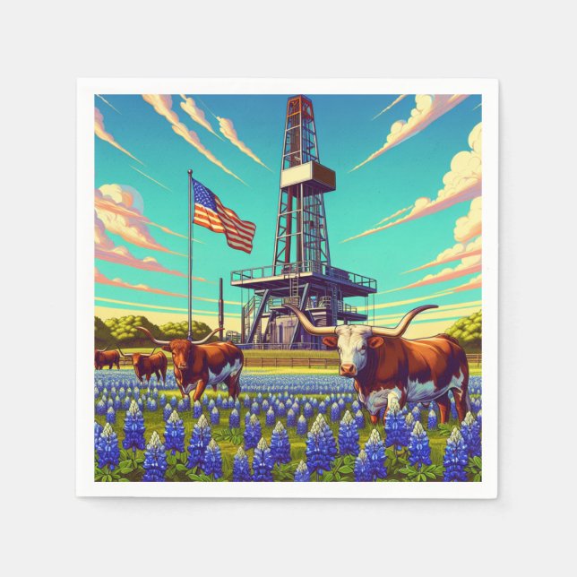  Oil Gas Rig Longhorn Cattle and American Flag  Napkins (Front)