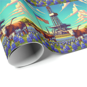 Oil Gas Rig Longhorn Cattle and American Flag Wrapping Paper