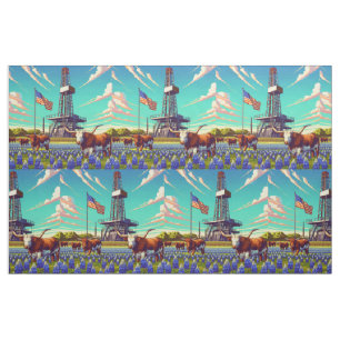 Oil Gas Rig Longhorn Steers Bluebonnets American Fabric