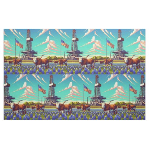 Oil Gas Rig Longhorn Steers Bluebonnets American  Fabric