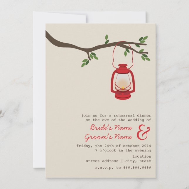 Oil Lantern Wilderness Camping Rehearsal Dinner Invitation (Front)
