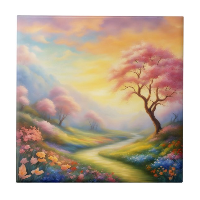 oil paint a spring landscape with river ceramic tile (Front)