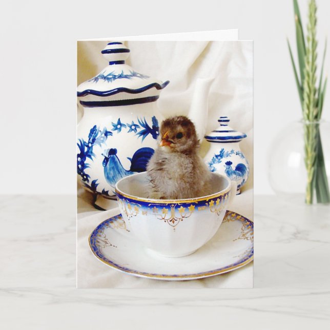 Oil Paint Effect Chick and Tea Cup, Easter Holiday Card (Front)
