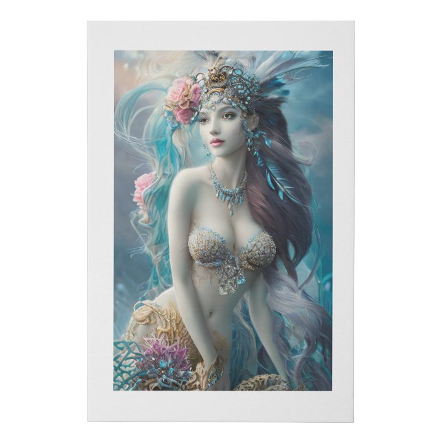 Oil paint style cute ancient mermaid princess faux canvas print (Front)