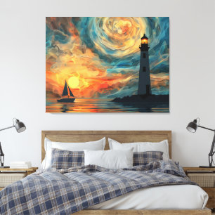 Oil Paint Sunset Lighthouse Canvas Print