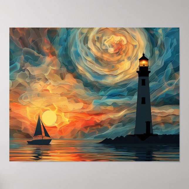 Oil Paint Sunset Lighthouse  Poster (Front)