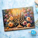 Oil Painted Floral Lit Menorah   Card<br><div class="desc">This AI artwork is a lovely card that features a gold Menorah with lit candles surround by flowers in oil.</div>