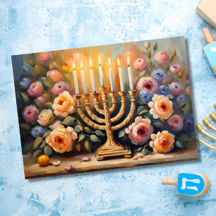 Oil Painted Floral Lit Menorah Card