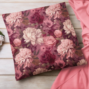 Oil Painted Flowers Burgundy Blush Pink Throw Pillow