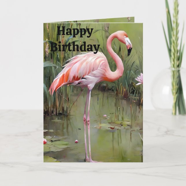 Oil Painted Pink Flamingo In Pond, Birthday Card (Front)