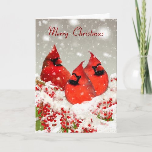 Oil Painted Red Cardinals And Winter Berries Holiday Card