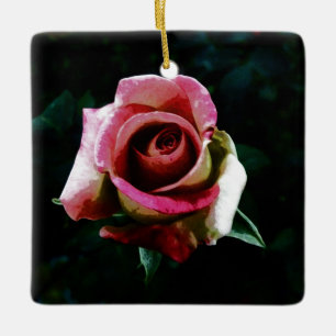 Oil painted red rose ceramic ornament