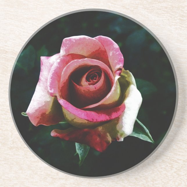 Oil painted red rose sandstone coaster (Front)