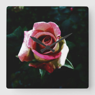 Oil painted red rose square wall clock