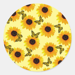 Oil Painted Sunflowers And Butterflies, Classic Round Sticker