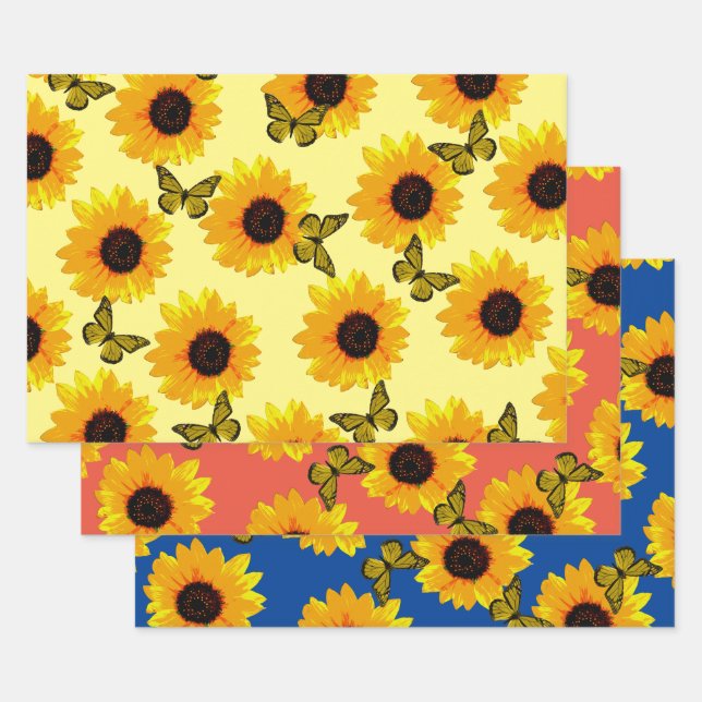 Oil Painted Sunflowers And Butterflies, Wrapping Paper Sheets (Set)