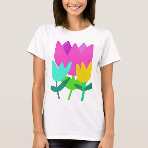 Oil Painted Tulips in Blue Yellow and Pink  T_Shirt