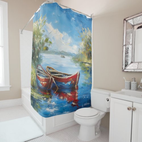 oil painting boat river sunset shower curtain