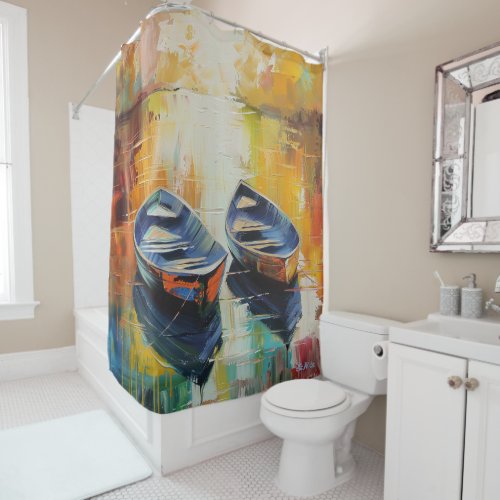 oil painting boat river sunset shower curtain