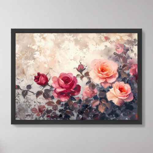 Oil painting burgundy and peach roses garden wall  framed art