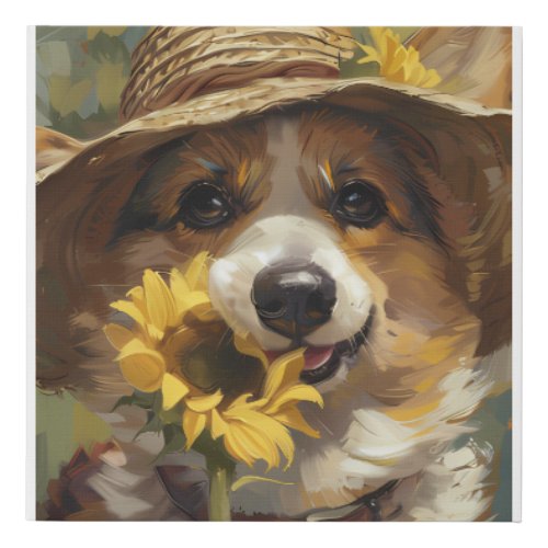 Oil Painting Corgi with a sunflower Faux Canvas Print