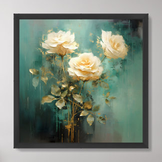 Oil painting cream English roses emerald green Framed Art