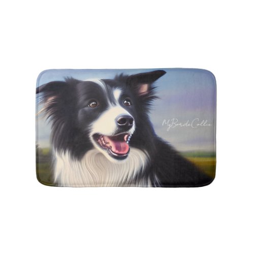 Oil Painting Cute Border Collie Portrait Bath Mat