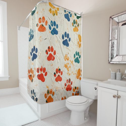 oil painting dog foot print shower curtain
