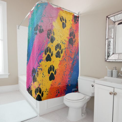 oil painting dog foot print shower curtain
