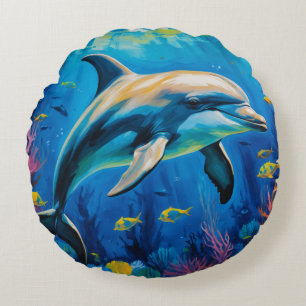 Oil Painting Dolphin Round Pillow