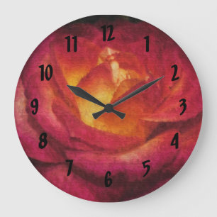 Oil Painting Flaming Red Rose Large Clock