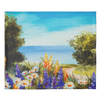 oil painting flowers near the sea, camomile field, duvet cover