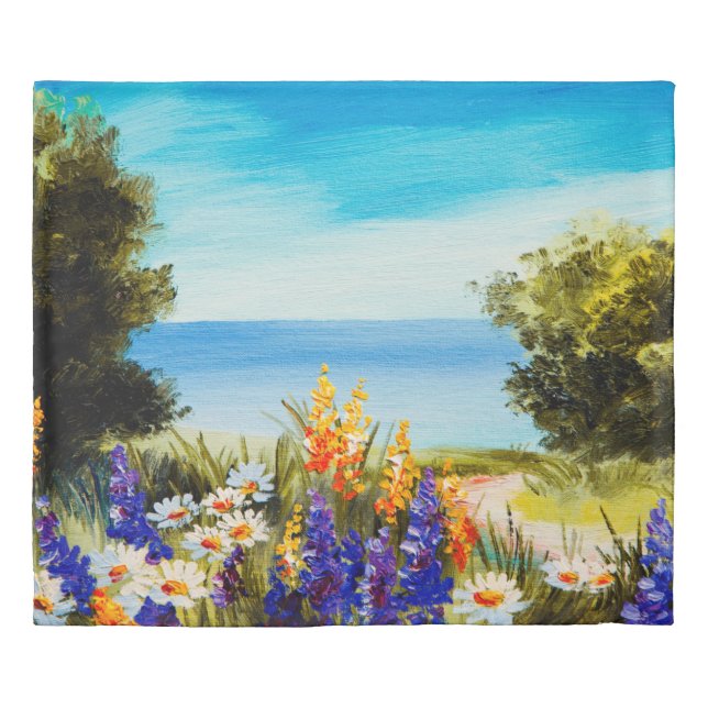 oil painting flowers near the sea, camomile field, duvet cover (Front)