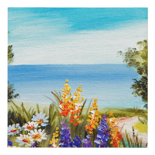 oil painting flowers near the sea, camomile field, faux canvas print (Front)