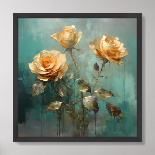 Oil painting gold English roses emerald green Framed Art