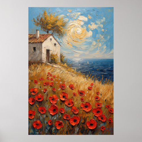 OIL PAINTING_Hillside Haven Seascape in Bloom Poster