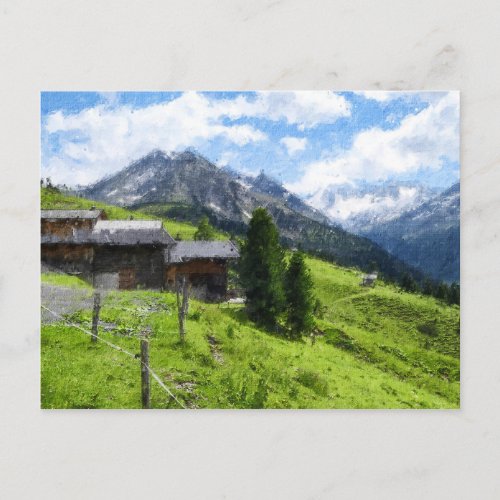 Oil painting illustration of Austrian Alps Barn Postcard