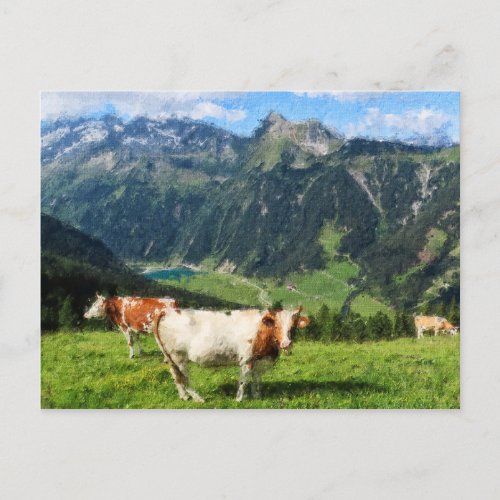 Oil painting illustration of Austrian Alps Cows Postcard