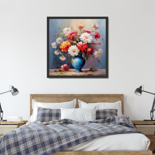 Oil painting lavish bouquet red and white flowers framed art