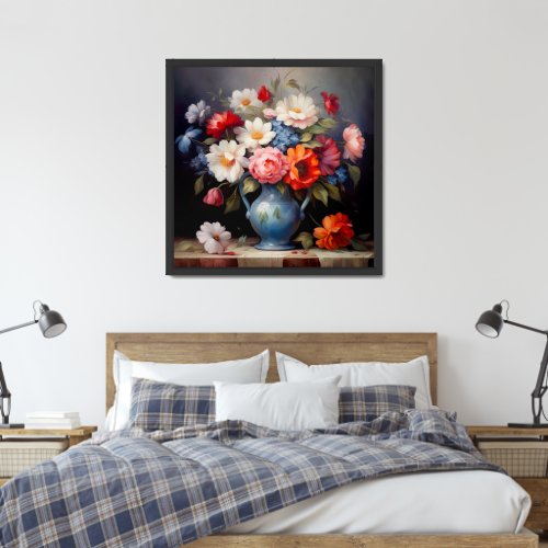 Oil painting lavish colorful bouquet in blue vase framed art