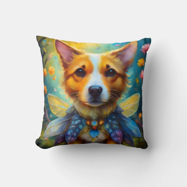 Oil painting of a dog fairy and dwarve warrior throw pillow (Front)