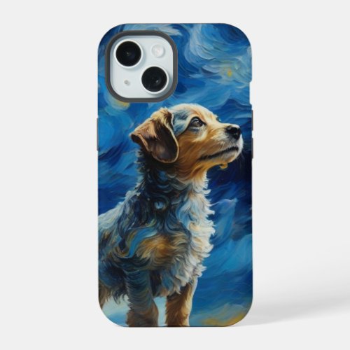 Oil Painting of a dog looking at the stars iPhone 15 Case