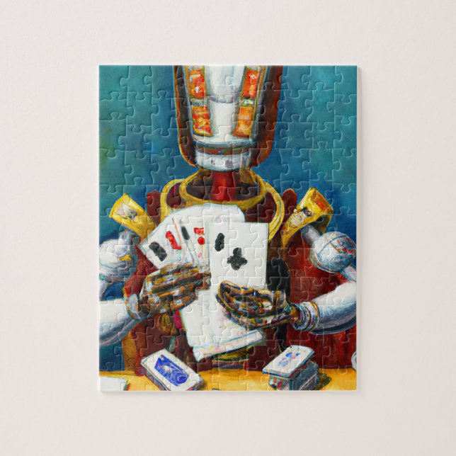 Oil Painting of a Robot Playing Cards Jigsaw Puzzle (Vertical)