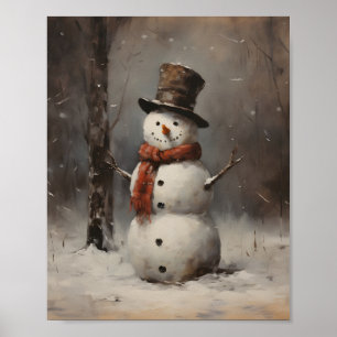 Oil Painting Of A Snowman Wearing Hat & Red Scarf Poster