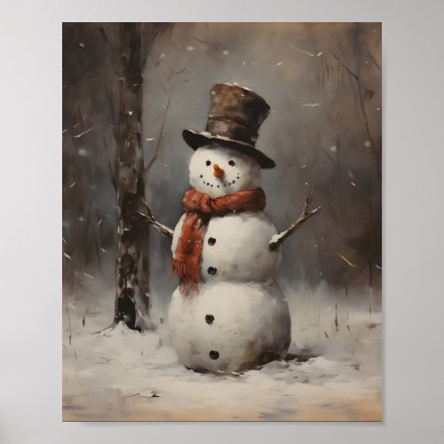 Oil Painting Of A Snowman Wearing Hat  Red Scarf Poster
