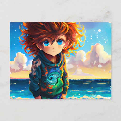Oil Painting of an Anime Boy with Red Curly Hair Postcard